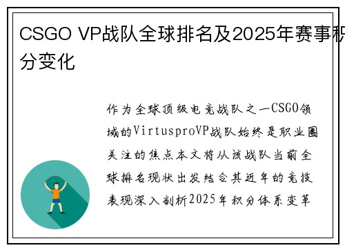 CSGO VP战队全球排名及2025年赛事积分变化